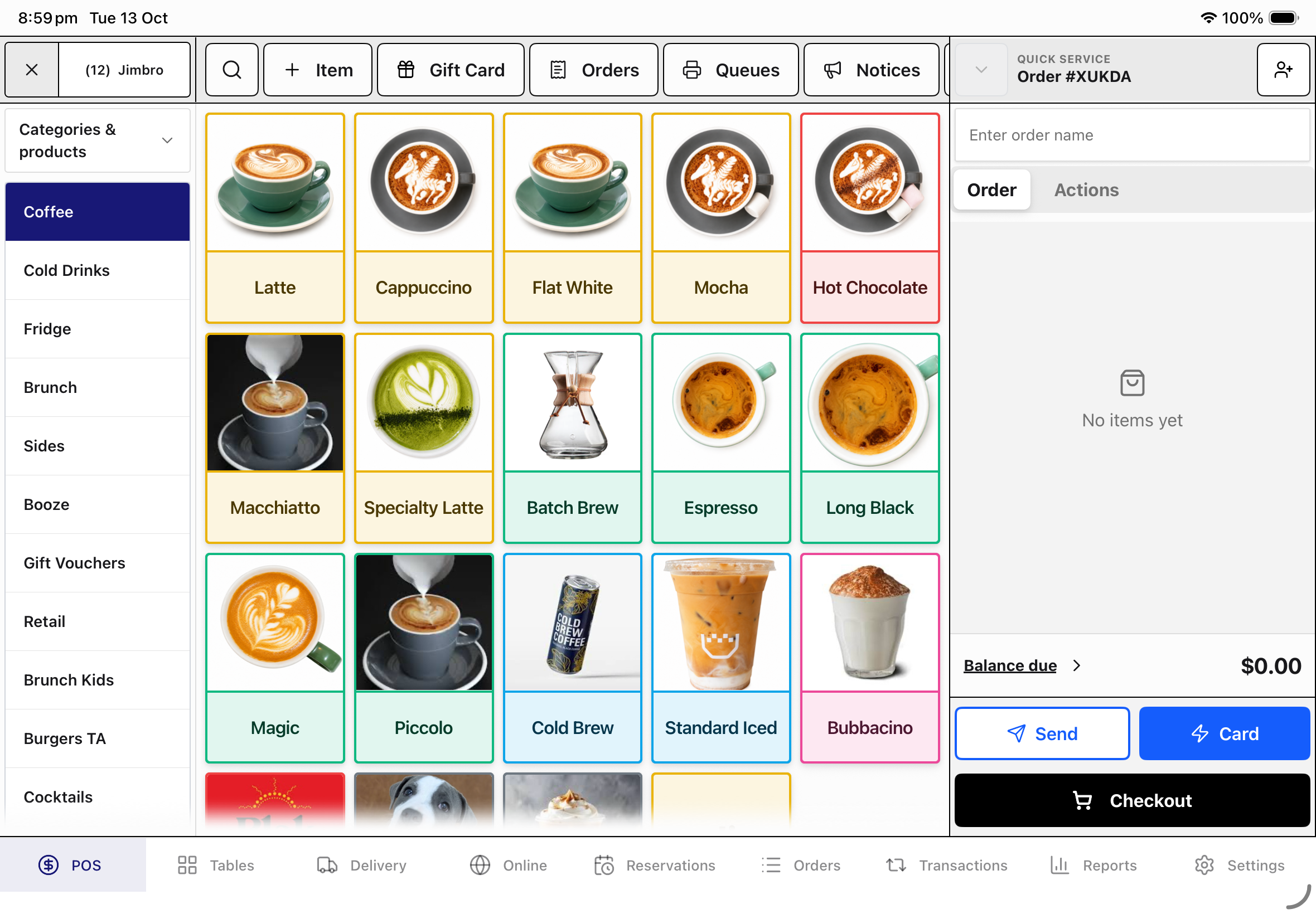 Whoods POS at Cockatoo: coffee catalogue, product photos and current order panel.